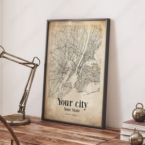 Impressão de mapa de cidade personalizado - pôster de mapa de cidade vintage de qualquer cidade, arte de parede de mapa de cidade personalizado, mapa de cidade natal, presente de mapa personalizado