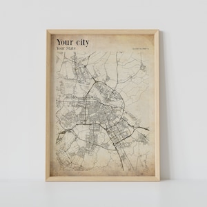 Impression de carte de ville personnalisée - Affiche de carte de ville vintage de n'importe quelle ville Cadeau de Noël pour amateur de voyage - Impression d'art mural carte de ville natale personnalisée