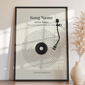 May include: Framed print featuring a vinyl record design with song lyrics. The black and white artwork includes a record player arm and text fields for song details. The print is displayed on a wooden surface with a vase and decorative plant.