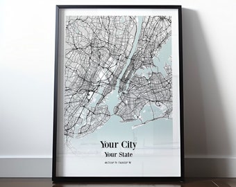 Impresión de mapa de ciudad personalizado - Póster de mapa personalizado - Arte mural de mapa de ciudad personalizado - Regalo de inauguración de la casa