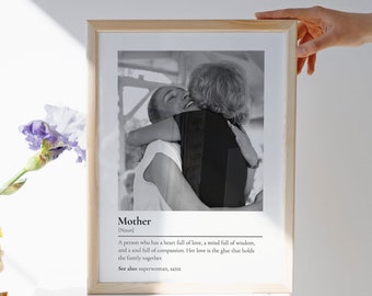 May include: A framed print featuring a black and white photograph of two people embracing. Below the image, the text reads: Mother [Noun] A person who has a heart full of love, a mind full of wisdom, and a soul full of compassion. See also: superwoman, saint.