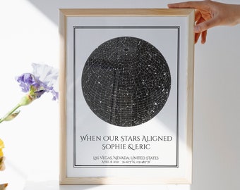 May include: A framed star map print featuring a black circular celestial grid on a white background. The text reads: WHEN OUR STARS ALIGNED, SOPHIE & ERIC, LAS VEGAS, NEVADA, UNITED STATES, APRIL 8, 2021, 36.1673° N -115.1485° W within a thin black border.