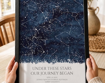 Könnte beinhalten: Ein gerahmter Sternenkarten-Druck mit einem dunkelblauen Aquarell-Nachthimmel und weißen Sternbildern. Der Text lautet: UNDER THESE STARS OUR JOURNEY BEGAN, APRIL 23, 2020, SYDNEY, NEW SOUTH WALES, AUSTRALIA, -33.8687 S 151.2070 E.