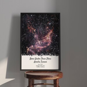 Cadeau d'anniversaire unique, carte des étoiles personnalisée, cadeau de premier anniversaire, impression le jour de votre naissance, cadeau d'anniversaire personnalisé