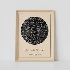 Mapa estelar de cumpleaños personalizado: mapa enmarcado del cielo nocturno en el día del nacimiento: impresión artística de constelación, regalo de cumpleaños