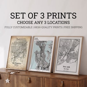 Plans de ville personnalisés - lot de 3 affiches de plan de ville personnalisées, impression de carte personnalisée, art mural plan de ville personnalisé de n'importe quelle ville, cadeau de Noël plan de la ville