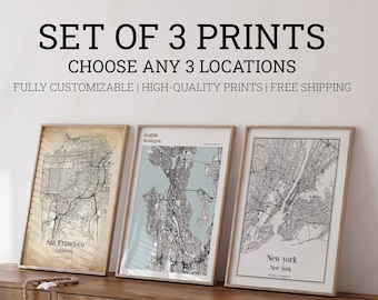 Custom City Map Print Set of 3 - Personalized City Wall Art for Home or Office, Any City Map Poster Gift