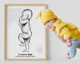 May include: A black and white line drawing of a baby standing, with the text "1:1 SCALE OF EMMA" and "22.5 INCHES | 6.12 LBS | 10/18 JUNE 2023, 02:54 AM" below the drawing. A baby wearing a yellow hat and a yellow sweater is holding onto the frame.