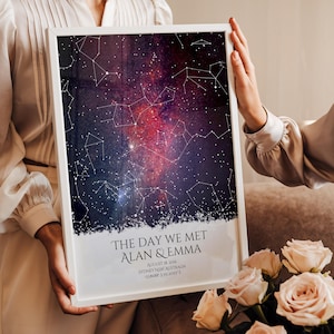 Carte du jour de notre rencontre, impression constellation personnalisée par date, cadeau d'anniversaire pour petit ami ou petite amie, art mural ciel nocturne, cadeau romantique