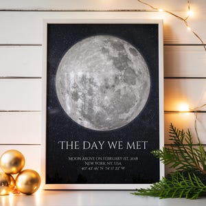 May include: A framed rectangular wall art print featuring a detailed, high-contrast image of a full moon against a dark, starry night sky. Below the moon, the text reads: THE DAY WE MET, MOON ABOVE ON FEBRUARY 1ST, 2018, NEW YORK, NY, USA, 40° 42' 46" N 74° 0' 22" W.