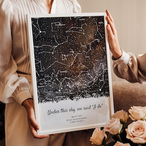 Puede incluir: Una impresión vertical enmarcada que muestra un mapa estelar del cielo nocturno en blanco y negro. Debajo de las constelaciones, el texto dice: Under this sky, we said I do, March 12, 2025, Brisbane, Queensland, Australia, 27.4698 S 153.0251 E.