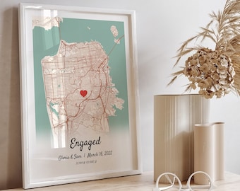 Custom Map Print Engagement Gifts For Newly Engaged Couple, Engagement Map Print Custom Wedding Gift, Engagement Frame Pre Wedding Gift