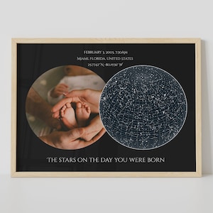 Les étoiles le jour de votre naissance - carte des étoiles par date, lieu et heure de naissance, impression constellation de bébé, décorations de chambre d'enfant