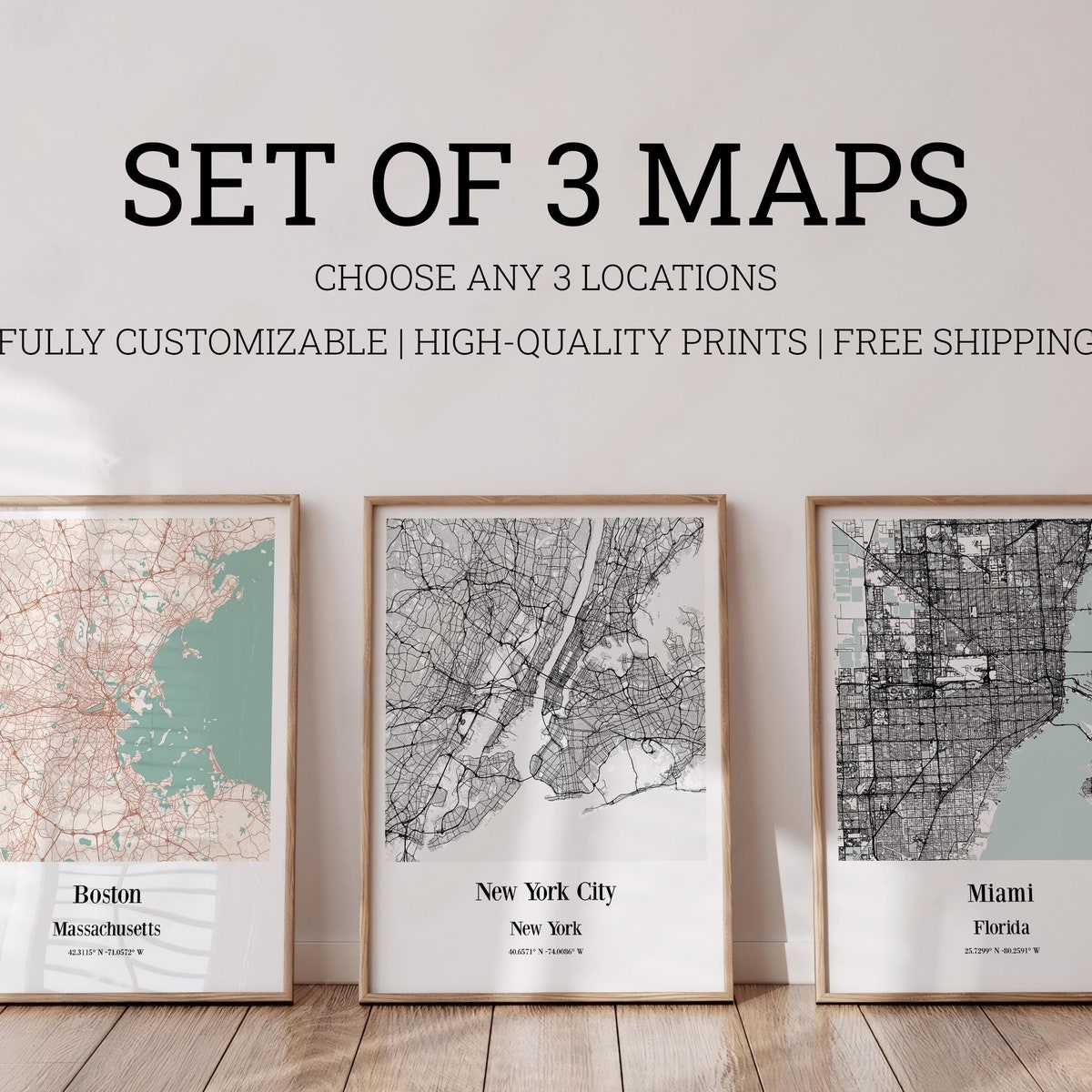 Personalized Set of 3 Any City Map Prints Office Wall Art, Set of 3 Custom City Maps, Any City Custom Maps, City Map Wall Art - Etsy