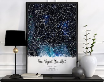 May include: A black framed print with a blue and green galaxy background and white text that reads "The Night We Met" with the date "February 1, 2002", the location "Rome, Italy", and the coordinates "41.9028 N, 12.4964 E".