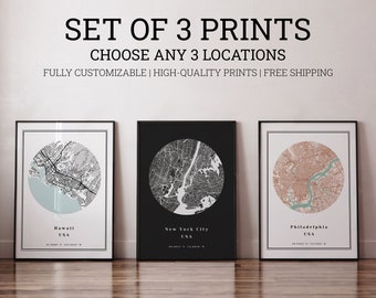 May include: A set of three framed wall art prints featuring circular map designs of Hawaii, New York City, and Philadelphia. The text reads SET OF 3 PRINTS, CHOOSE ANY 3 LOCATIONS, FULLY CUSTOMIZABLE, HIGH-QUALITY PRINTS, and FREE SHIPPING.