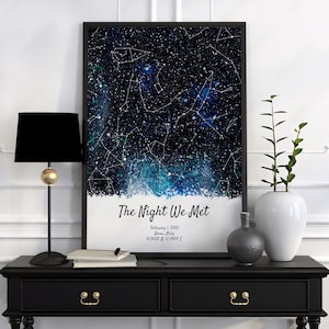 Carte des étoiles personnalisée par date, cadeau unique pour couple, carte constellation de la nuit où nous nous sommes rencontrés, cadeau d'anniversaire carte, ciel nocturne, cadeau relation impression