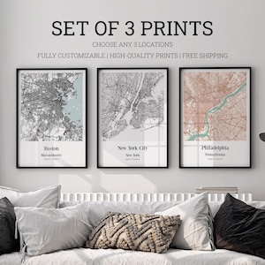 Impresiones de mapas de ciudades personalizados: juego de 3 mapas personalizados, arte de pared para oficina, arte de pared con mapas de ciudades personalizados para cualquier ciudad, pósteres personalizados con mapas de ciudades de su ciudad natal