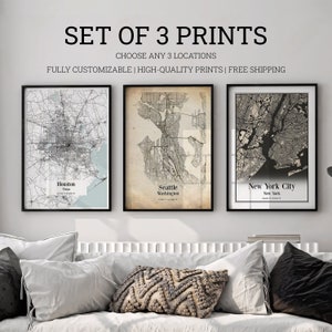 Conjunto de 3 impressões de mapas de cidades personalizados, mapas dos EUA, arte de parede, pôsteres de arte de parede de mapas de cidades personalizados, três mapas personalizados, arte de parede de escritório