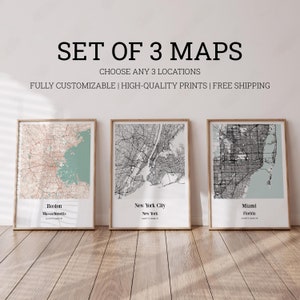Personalized Set Of 3 Any City Map Prints Office Wall Art, Set Of 3 Custom City Maps, Any City Custom Maps, City Map Wall Art