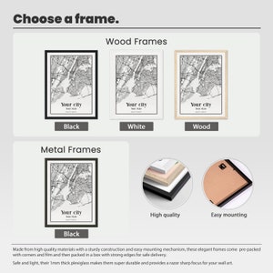 May include: A comparison of different frame options for a city map print. The frames are available in black, white, and wood. The metal frames are shown with a close-up of the high quality construction and easy mounting mechanism.