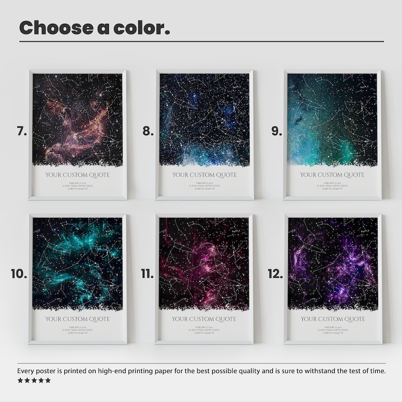 A custom star map poster with the quote The night sky on the day we met" created for a certain date and location, different colors