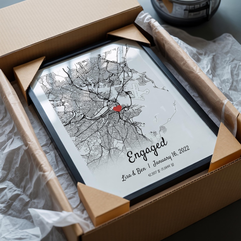 Personalized Engagement Gift - Custom Map Print Engagement Gift For Newly Engaged Couple, Custom Wedding Gift, Engagement Frame Wedding Gift image 3