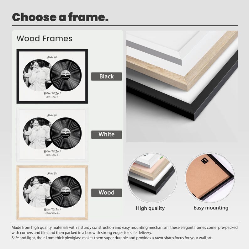 May include: Framed art prints with a black, white, and wood frame selection. The prints feature a photo and a vinyl record design. The text "Choose a frame" is at the top. The frames are high quality and easy to mount.