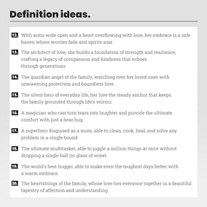 K&ouml;nnte beinhalten: Eine Liste mit 10 Ideen, um die Rolle einer Mutter in einer Familie zu definieren. Die Liste enth&auml;lt Phrasen wie "sichere Zuflucht", "Schutzengel", "stiller Held", "Magier", "Superheld", "Multitasker", "Kuschler" und "Herzsaite".