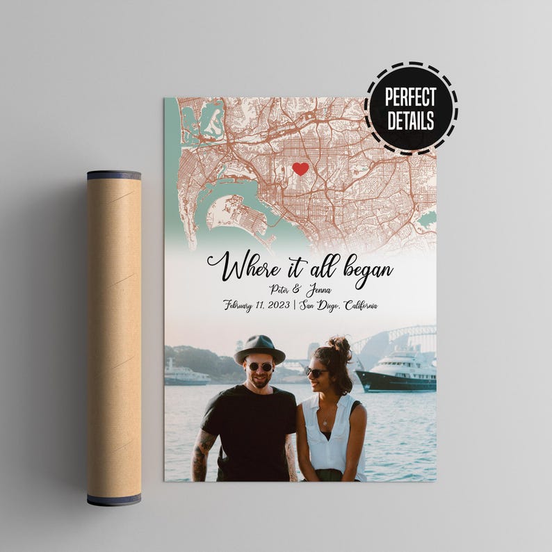 First Date Map Personalized Anniversary Gift, Where It All Began Engagement Map Print Engagement Gift, Custom Map Wedding Anniversary Gift image 2