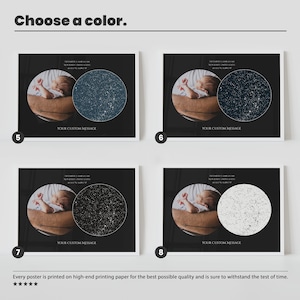 May include: Four different color options for a custom star map poster. The poster features a baby sleeping on a person's arm with the night sky and stars above them. The poster has a white border and a white background with black text. The text says "Your Custom Message".