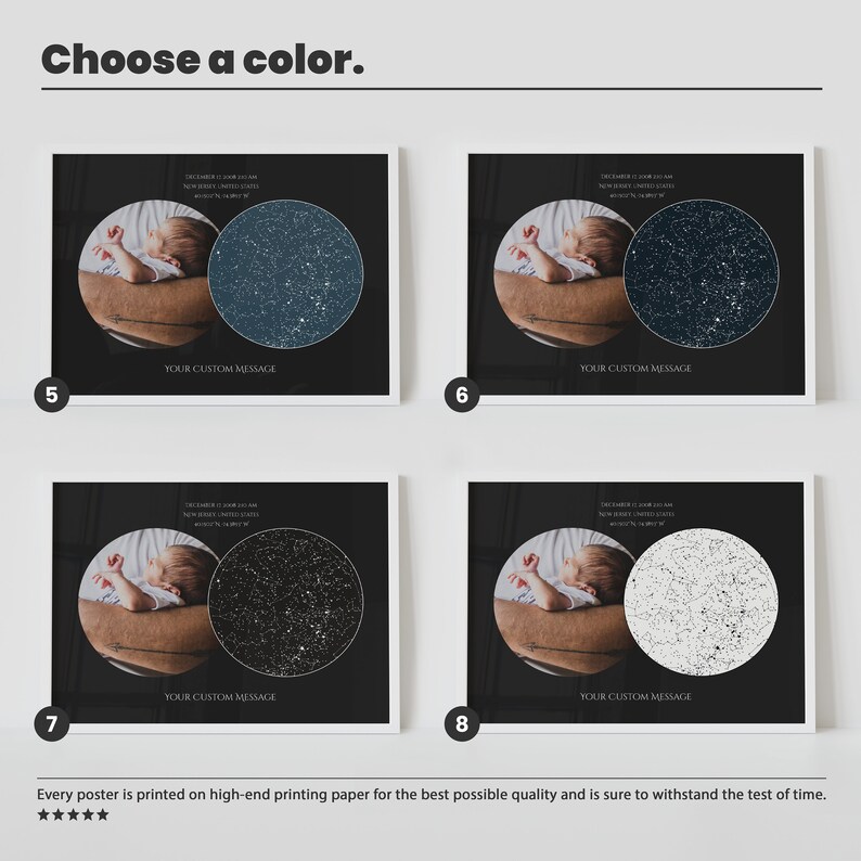 May include: Four different color options for a custom star map poster. The poster features a baby sleeping on a person's arm with the night sky and stars above them. The poster has a white border and a white background with black text. The text says "Your Custom Message".