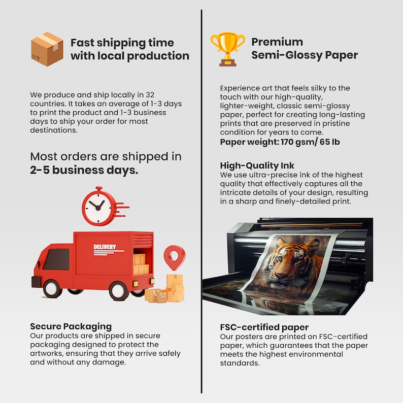 May include: Illustration of a delivery truck with a clock and a map pin, showing fast shipping times. Text reads "Fast shipping time with local production".  Text also reads "Most orders are shipped in 2-5 business days".