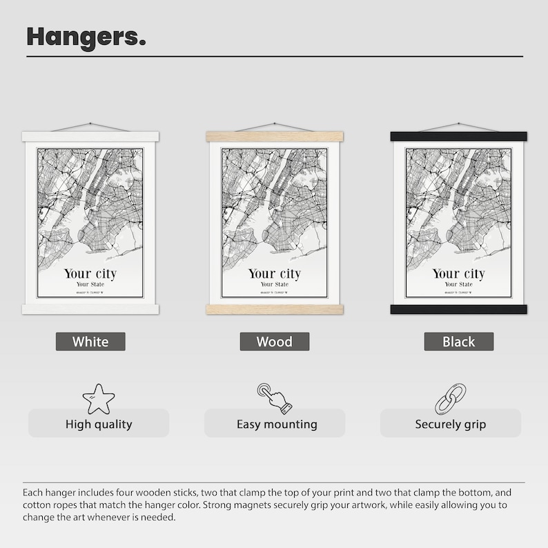 May include: Three different styles of poster hangers, each with a black and white city map print. The hangers are labeled "White", "Wood", and "Black" and feature a star, a hand holding a clamp, and a chain link icon, respectively. The text "High quality", "Easy mounting", and "Securely grip" are below the icons.