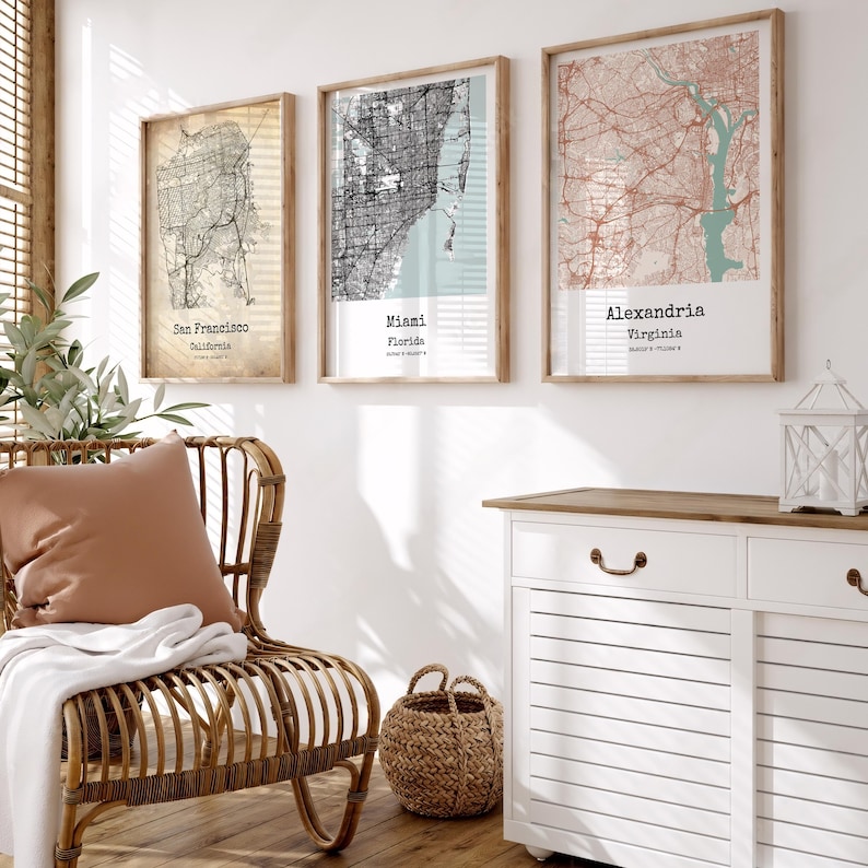 Personalized Set Of 3 Any City Map Prints Office Wall Art, Set Of 3 Custom City Maps, Any City Custom Maps, City Map Wall Art