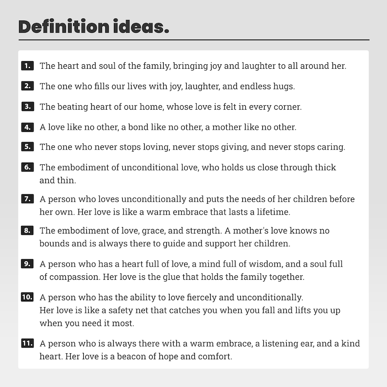 K&ouml;nnte beinhalten: Eine Liste mit elf Definitionen des Wortes "Mutter", wobei jede Definition nummeriert und in schwarzer Schrift auf wei&szlig;em Hintergrund geschrieben ist.