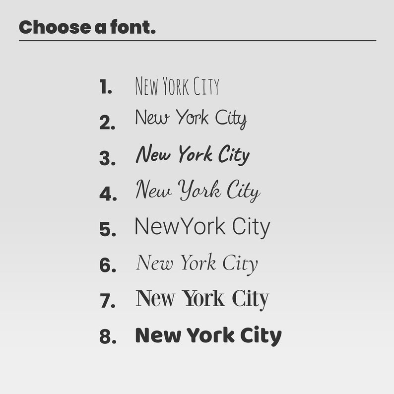 May include: A visual guide to different font styles for the phrase "New York City". Eight variations of the phrase are shown, each with a distinct font style.