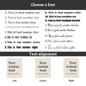 Pu&ograve; includere: Una tabella di selezione dei caratteri che mostra sedici stili numerati con il testo This is font number seguito dalla cifra. Sotto, tre rettangoli beige mostrano le opzioni di allineamento del testo etichettate Left, Center e Right.