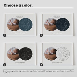 May include: Four different color options for a custom star map poster. Each poster features a photo of a baby being held by an adult, with a circle around the baby's head showing the night sky on their birth date. The text "YOUR CUSTOM MESSAGE" appears below each image.