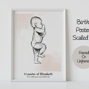 Póster de nacimiento personalizado a escala 1:1 - Póster de arte lineal para recién nacidos, regalo de nacimiento de bebé personalizado, póster de bebé a escala, ilustración de decoración de guardería