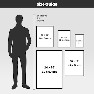 May include: A size guide graphic with a silhouette of a person next to framed art prints. The guide shows the dimensions of the prints in inches and centimeters, including 16 x 20 inches (40 x 50 cm), 12 x 16 inches (30 x 40 cm), and 8 x 12 inches (21 x 29.7 cm).