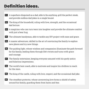 May include: A list of 10 ideas for defining a father figure, with each definition numbered and described in a paragraph. The list is titled "Definition ideas."