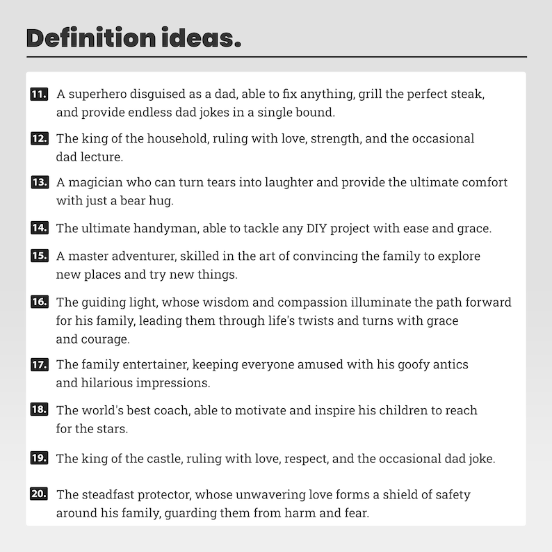 May include: A list of 10 ideas for defining a father figure, with each definition numbered and described in a paragraph. The list is titled "Definition ideas."