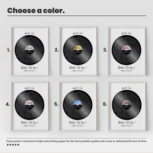 May include: Six framed vinyl record art prints with different colored centers, including gold, pink, and blue. Each print features a black record with text and is labeled with "Header Text" and "Bottom Text Line 1". The phrase "Choose a color" is at the top.