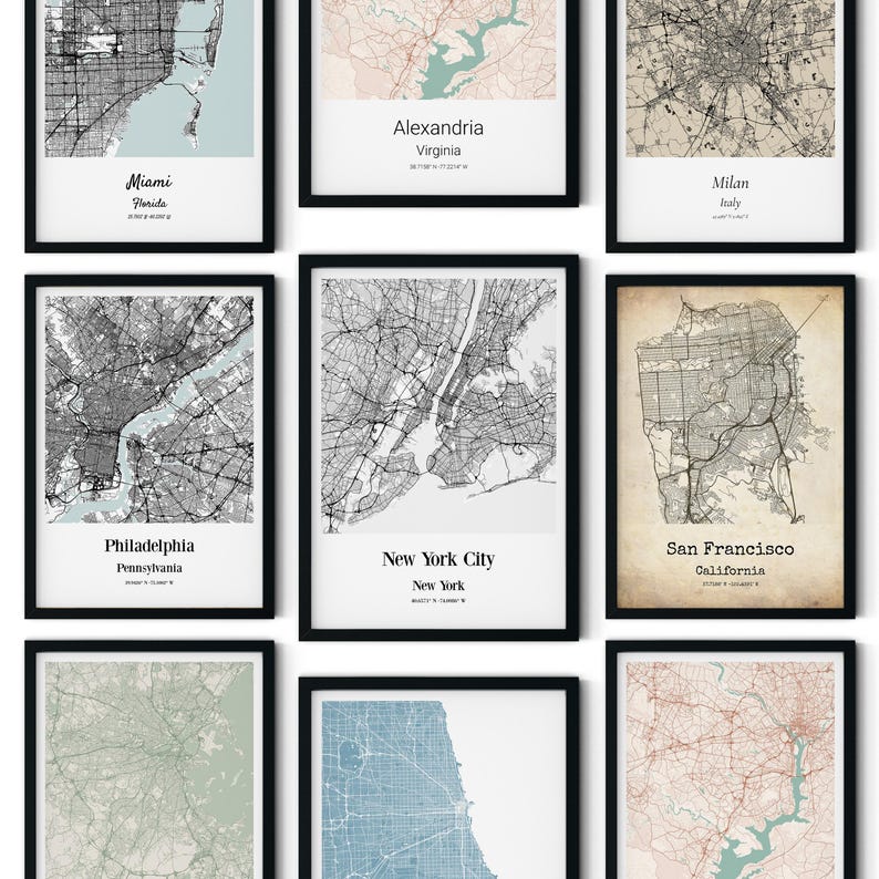 Custom City Map Prints - Set Of 3 Custom Maps Office Wall Art, Any City Custom City Map Wall Art, Personalized Hometown City Map Posters