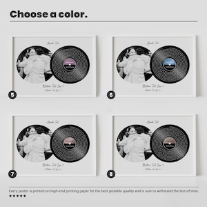 May include: Four framed posters with a black and white photo of a couple embracing, each featuring a vinyl record design with a different colored center. The text "Choose a color" is at the top.