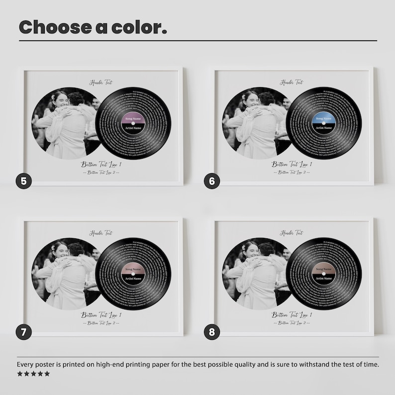 May include: Four framed posters with a black and white photo of a couple embracing, each featuring a vinyl record design with a different colored center. The text "Choose a color" is at the top.