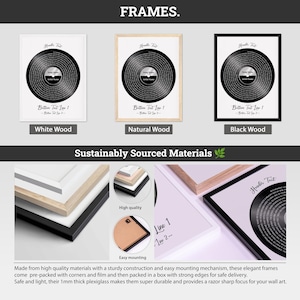 May include: Framed wall art featuring a black vinyl record design with custom text. Available in white, natural, and black wood frames. The text "Header Text" and "Bittin Test Live 1" are visible. The frames are made with high-quality materials.