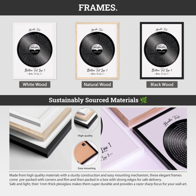 May include: Framed wall art featuring a black vinyl record design with custom text. Available in white, natural, and black wood frames. The text "Header Text" and "Bittin Test Live 1" are visible. The frames are made with high-quality materials.