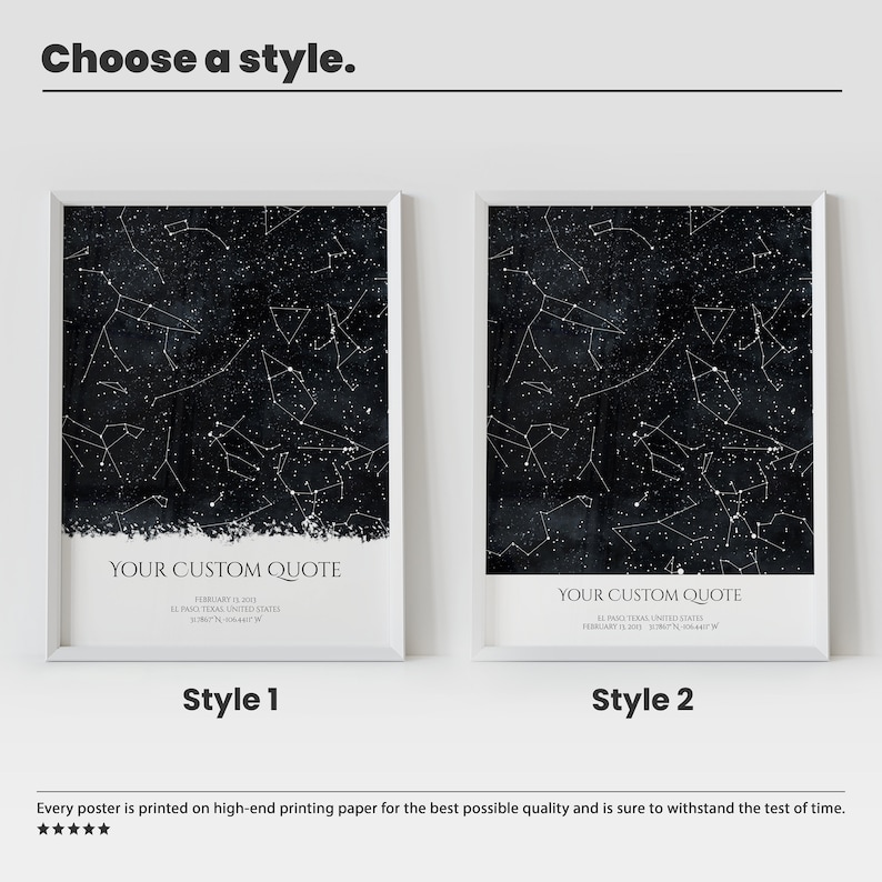 A custom star map poster with the quote The night sky on the day we met" created for a certain date and location, 2 different styles